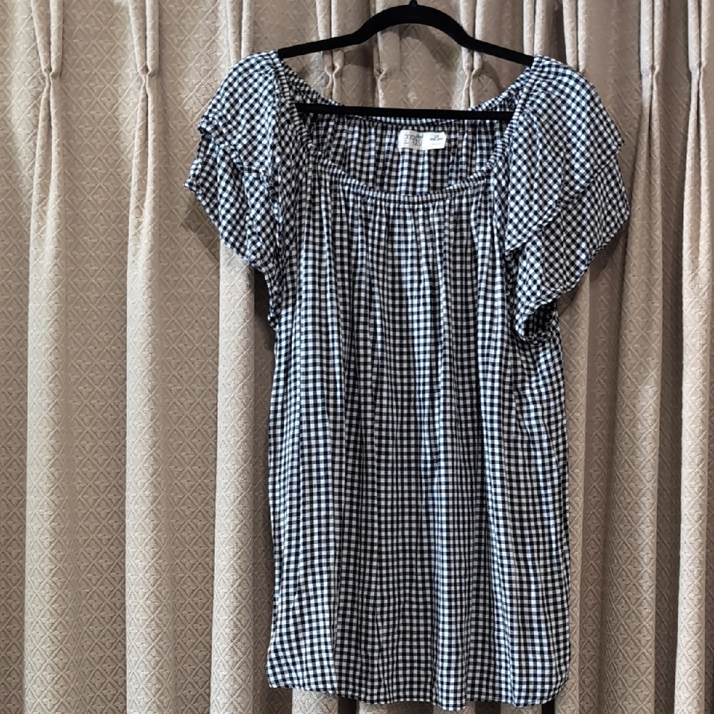 Women's Size 1X Terra & Sky Black & White Checkered Two Tier Short Sleeve Shirt